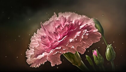 Wall Mural -  a pink carnation with drops of water on it's petals and a green stem in the middle of the picture, with a dark background.  generative ai