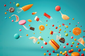 Canvas Print -  a bunch of candies and lollipops are flying in the air on a blue background with a blue sky in the background.  generative ai