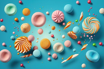 Canvas Print -  a blue background with various candies and lollipops on it, including a lollipop, a lollipop, a lollipop, a lollipop, a lollipop, and a lollipop.  generative ai