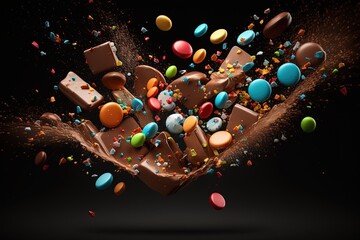 Canvas Print -  a chocolate dessert with sprinkles and chocolate on a black background with a splash of chocolate on the top of the image and sprinkles on the bottom of the image.  generative ai