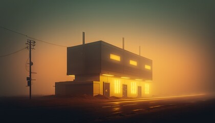 Sticker -  a building that is sitting in the middle of a foggy field with a traffic light on it's side and a street light on the other side of the road.  generative ai