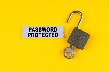 Poster - On the yellow surface lies an open lock with a key, next to it is a sticker with the inscription - Password protected
