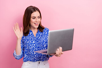 Sticker - Photo of young smart entrepreneur funny woman wear trendy blue formal shirt hello palm distance working employer isolated on pink color background