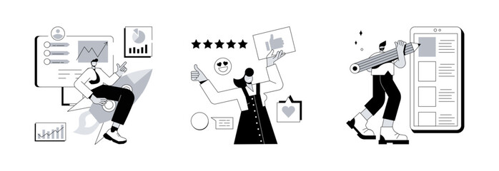 Poster - Customer behavior analysis abstract concept vector illustration set. Data driven marketing, user feedback and website rating, online survey, user data, marketing research tool abstract metaphor.