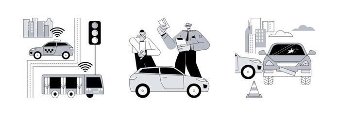 Poster - Traffic control abstract concept vector illustration set. Intelligent transport system, traffic fine, road accident, smart driverless car, speed control, driving rules violation abstract metaphor.