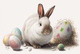 Fototapeta Dinusie - Cute rabbit with colorful eggs on a white background, close-up. Generative AI.