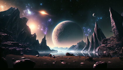 Wall Mural - Colorful planet in space with moons and galactic nebula. Space wallpaper acryl background created with Generative AI