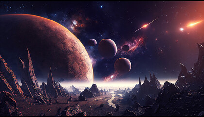Wall Mural - Colorful planet in space with moons and galactic nebula. Space wallpaper acryl background created with Generative AI