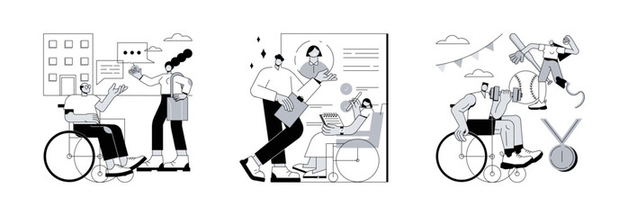 Poster - Inclusive social environment abstract concept vector illustration set. Social adaptation of disabled people, disabled employment, sports with physical disabilities, wheelchair abstract metaphor.