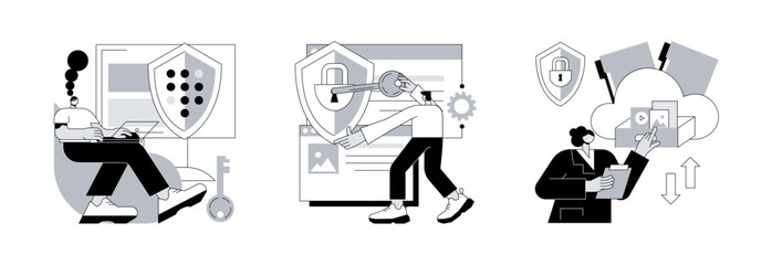 Poster - Data transfer abstract concept vector illustration set. Secure web traffic, rights of access, secure file sharing, virtual private network, VPN, traffic analysis, document sharing abstract metaphor.
