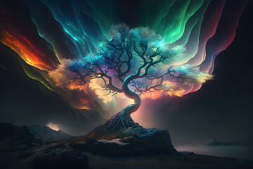 colorful yggdrasil tree with aurora polar lights. fantasy viking mythology. generative ai