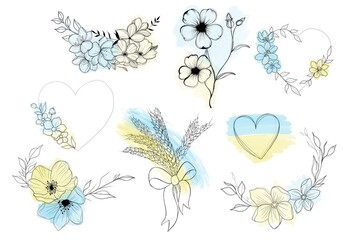 Wall Mural - a set of sketches for a patriotic tattoo: flowers and hearts from the colors of the flag of ukraine . Flowers Periwinkle. Hand drawing.