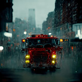 Fototapeta Londyn - Fire brigade Red Truck in Rain