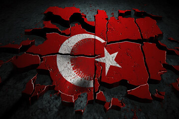 Cracked Turkish flag. Country after a massive earthquake