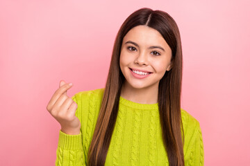 Sticker - Photo portrait of cute young girl showing korean heart sign symbol sympathy dressed stylish green outfit isolated on pink color background