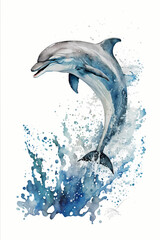 Wall Mural - Watercolor Dolphin jumping out of Water, isolated animal white background - Illustration generativ ai 