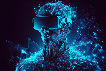 Hologram of polygonal dot lines man wearing virtual reality headset on futuristic background. User playing in cyber space. Metaverse concept. Created with Generative AI