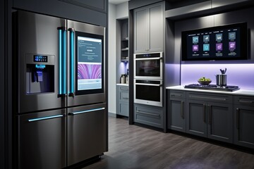 kitchen with smart appliances with display screen and a smart oven with voice-controlled settings, c