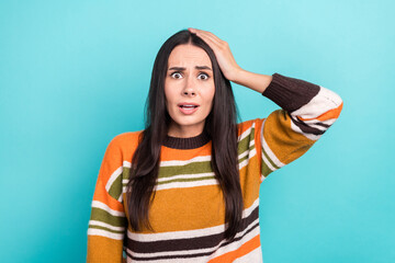 Sticker - Photo of impressed shocked lady dressed striped pullover arms head isolated teal color background