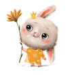 © Alina Nikitaeva - Cute Watercolor nursery rabbit easter spring bunny animal hand drawn illustration clipart print poster with a blooming childish flower
