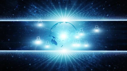 Wall Mural - Glowing digital cyberspace network with people icons and earth globe rotation. Digital technology business seamless looping animation background.