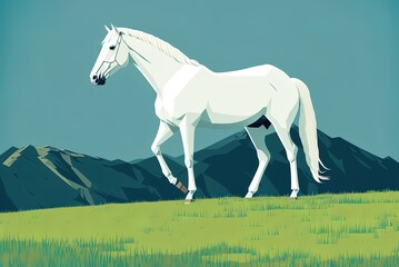 Wall Mural - White horse munching on a steep grassy meadow. Generative AI