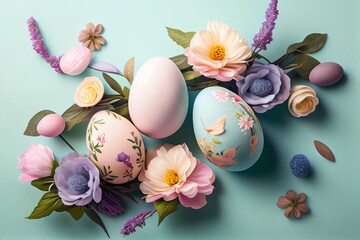 easter eggs and flowers and decoration on pastel color background. Generative AI