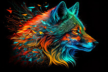 Red Fox Head With Colorful Splashes On A Black Background. Vector Illustration.