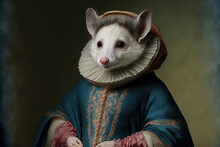 Created With Generative AI Technology. Portrait Of A Opossum In Renaissance Clothing