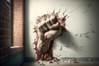 Fist punching wall, concept of Frustration and Aggression, created with Generative AI technology