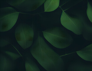 Wall Mural - dark green leaves on dark background - generative ai