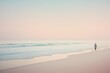 Dreamlike Soft Colors Peaceful Beach With Tranquil Waves. Lone Figure Standin on Shore. Generative AI.