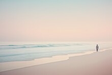 Dreamlike Soft Colors Peaceful Beach With Tranquil Waves. Lone Figure Standin On Shore. Generative AI.
