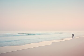 Dreamlike Soft Colors Peaceful Beach With Tranquil Waves. Lone Figure Standin on Shore. Generative AI.