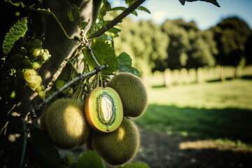 Wall Mural - It's kiwi season. Kiwi with enormous fruit clusters on a kiwi tree plantation. trees and organic fruit in a garden. Leaf movement and solar light. Generative AI