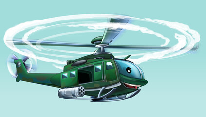 Wall Mural - cartoon scene with military helicopter flying on duty illustration for children