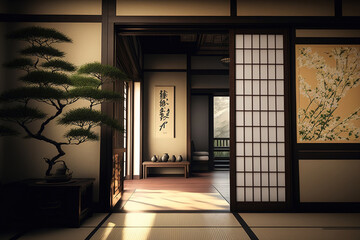 Interior design was created exclusively in Japanese style, with modern living and eating areas, a wood floor, tatami mats, and a traditional japanese door. Generative AI