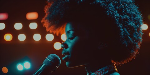 African American woman singing at club, profile portrait with copy space. Generative AI illustration