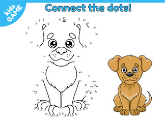 Dot to dot by numbers game. Connect the dots and draw a cute cartoon dog. Activity sheet for children. Educational puzzle for preschool and school kids. Vector illustration of pet.