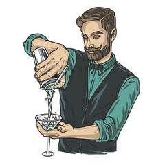 Wall Mural - Barman with shaker and martini for bartending. Barkeepr or bartender with beard and mustache for cocktail bar.