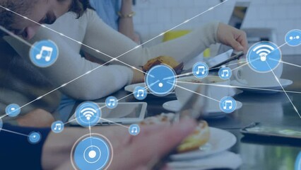 Poster - Animation of network of digital icons against mid section of colleagues using electronic devices