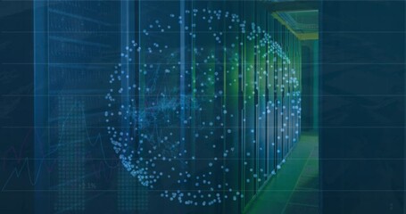 Poster - Animation of spinning globe and statistical data processing against computer server room