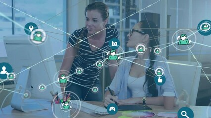 Poster - Animation of network of profile icons against two diverse female colleagues discussing at office