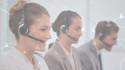 Poster - Animation of network of profile icons over female customer care executive talking on phone headset
