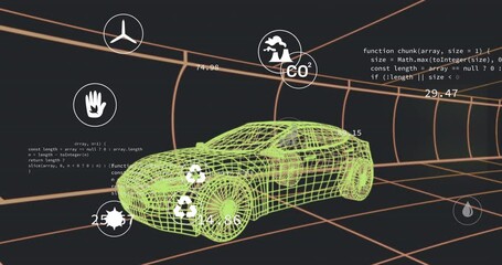 Poster - Animation of multiple digital icons over 3d car model moving in seamless pattern in a tunnel
