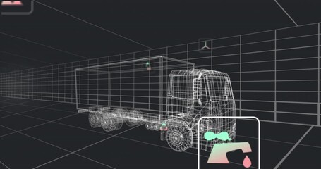 Poster - Animation of multiple digital icons over 3d truck model moving in seamless pattern in a tunnel