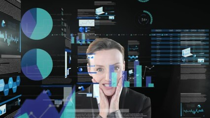 Wall Mural - Animation of data processing over surprised caucasian businesswoman against black background