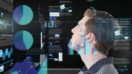 Poster - Animation of data processing over caucasian man looking around against black background