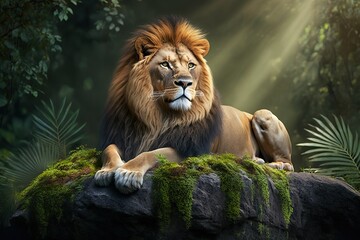 majestic lion sits on rock surrounded by green trees, concept of majestic and nature, created with g