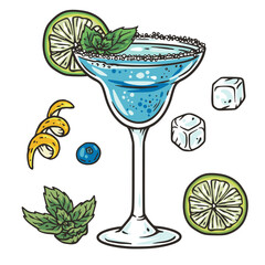 Wall Mural - Blue lagoon cocktail with lime and ice for vector design of bar menu. Blue alcochol cocktail